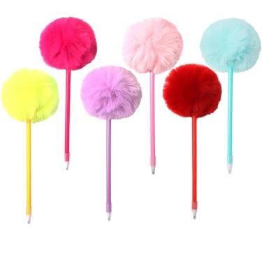 Imagem de XIANFANG Pacote com 6 canetas pompom fofas – adoráveis canetas esferográficas de pelúcia com pompons de tecido macio (22 cm de altura), canetas divertidas para escrever para crianças, lembrancinhas de