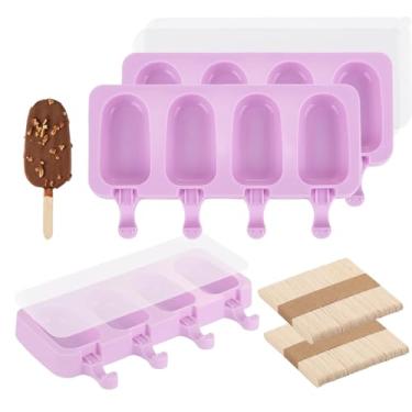Imagem de Conjunto de 3 moldes de picolé violeta Samll com tampas e 100 peças de palitos de picolé de madeira, 4 formas de sorvete de silicone para fazer bolos, picolés de bolo, sorvete - livre de BPA