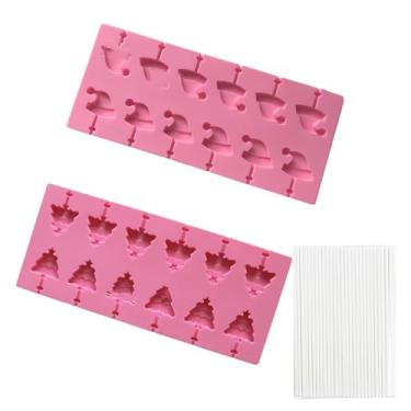 Imagem de 2 peças de moldes de silicone de 12 cavidades de pirulito doce de chocolate com 100 palitos de árvores de Natal chapéus de natal moldes de bandeja pop de pirulito para festas de confeitaria faça você