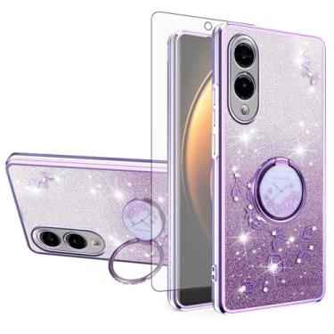 Imagem de Asuwish Capa de celular para Samsung Galaxy S25 Edge com protetor de tela de vidro temperado suporte de anel com glitter transparente híbrido à prova de choque TPU capa protetora S25Edge 25S S 25