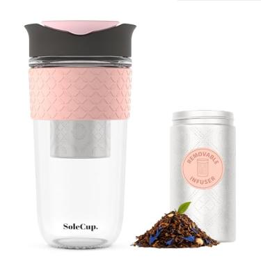 Imagem de SoleCup. Caneca de viagem grande infusor de chá solto - coador de chá removível com tampa à prova de derramamento - 530 ml sem BPA copo de café de viagem de vidro reutilizável com faixa de silicone