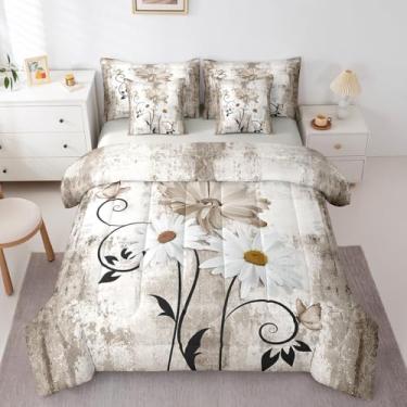 Imagem de Conjunto de cama de casal rústico com flores de margarida cinza, marrom, 7 peças, para crianças, meninos, meninas, adolescentes, vintage, campo, fazenda, moderno, ombré, abstrato, conjunto de cama