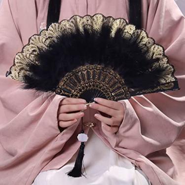 Imagem de Ventilador de mão dobrável portátil, ventiladores de noiva, ventilador de mão ventilador dobrável de penas de renda (preto)