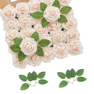 Imagem de cosybeau Flores artificiais, plantas falsas com hastes para buquês de casamento, decoração de mesa de festa (25, champanhe branco)