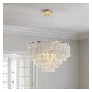 Imagem de ELFINFI Candeeiro moderno de luxo cromado dourado, estilo simples, candeeiro de concha branca, candeeiro ajustável para sala de estar e quarto, iluminação pendente de teto