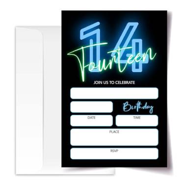 Imagem de ANYEMW Convites de aniversário de 14 anos Neon Glow 10 x 15 20 cartões com 20 envelopes para meninos e meninas Convites de festa de aniversário de 14 anos. (194)
