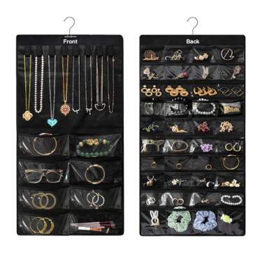 Imagem de IPJIB Organizador de joias pendurado para armário, suporte de 8 colares dupla face e 48 bolsos organizador de joias para guardar brincos, colares, pulseiras, anéis