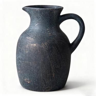 Imagem de Magclay Vaso rústico de cerâmica com alça, jarro decorativo, vaso de pedra de terracota para decoração de sala de estar, decoração de casa vintage, preto
