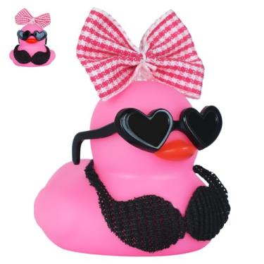 Imagem de FINEED Conjunto de acessórios de carro de pato de borracha rosa (inclui laço rosa, óculos de sol em forma de coração, sutiã preto), decoração divertida de painel para carros, escritórios e decoração