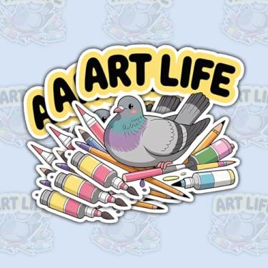 Imagem de Adesivo de vida artística com 3 peças, pombo engraçado com pincéis, decalque de vinil à prova d'água para laptop, garrafa de água, caderno de esboços, tablet, carro – presente para artistas e