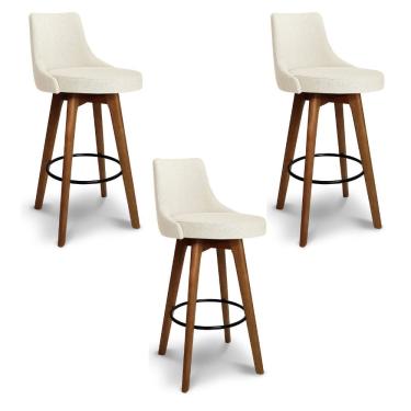 Imagem de Kit 03 Banquetas Alta Giratória Com Encosto Copacabana Para Balcão Cozinha Linho Bege - Aurora Line