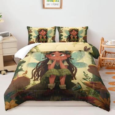 Imagem de AILONEN Conjunto de edredom fofo para meninas, solteiro, desenho animado de flores, fadas, cogumelo, flor, folha, para crianças, adolescentes, edredom macio com 2 fronhas, 3 peças