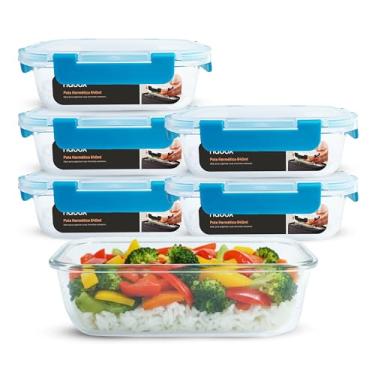 Imagem de 6 Potes Herméticos Vidro Marmitas Fit 640ml Travas Premium (Azul)