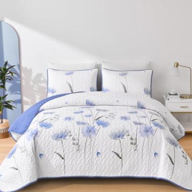 Imagem de Dinjoy Conjunto de colcha azul, floral, 3 peças, edredom reversível, microfibra leve, conjunto de cama de fazenda para mulheres e meninas 198 x 228 cm