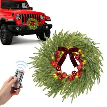 Imagem de Guirlanda de Natal pré-iluminada com LED de 43 cm – Guirlanda de Natal Norfolk Pine para churrasqueira dianteira de carro com laço vermelho, baga, bolas, para carrinhos de golfe, jipe, caminhões, SUVs