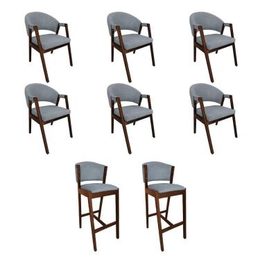 Imagem de Kit 6 Cadeiras De Jantar Helen Com 2 Banquetas Ana Madeira Maciça Premium Linho Cinza