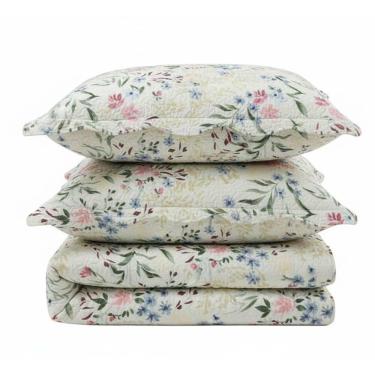 Imagem de Kit Cobre Leito Colcha Magnus Queen 3 Peças Dupla Face Estampado Floral - Primavera Azul - 100% Poliéster