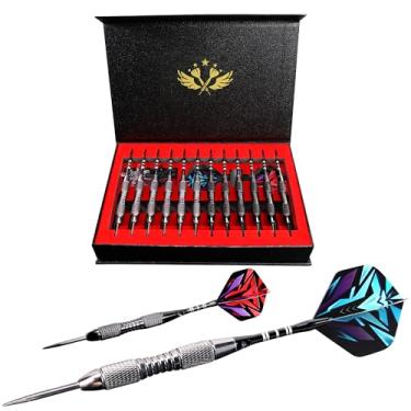 Imagem de WINSDART ADKX Conjunto de 12 dardos de ponta de aço com barril de ferro antiderrapante, eixos de dardos e voos de alumínio + apontador de dardos + uma caixa de presente (Darts-J)