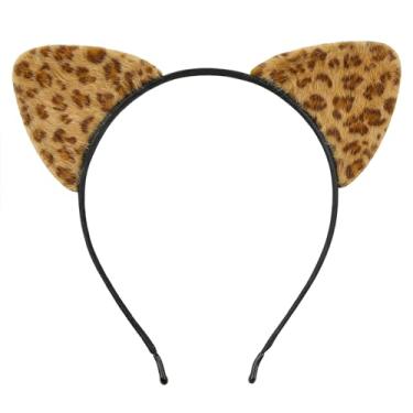 Imagem de HoveBeaty Orelhas de gato pretas, tiara de orelhas de gato, orelhas de gato macias, acessórios de cabelo para baile de máscaras de cosplay de Halloween (leopardo marrom)