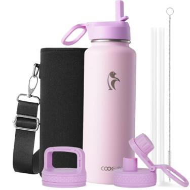 Imagem de Coolflask Garrafa de água 1,134 g isolada com canudo, 3 tampas de metal de aço inoxidável, garrafa de água para esportes ou escritório, mantenha frio 48H quente 24H, rosa