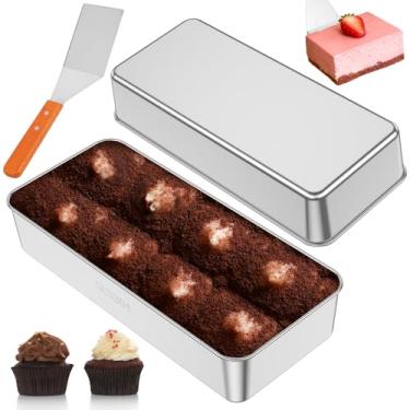 Imagem de 2 formas retangulares de tiramisu, forma de pão de aço inoxidável de 33 x 14 cm, formas grandes para assar pão com espátula, bandeja antiaderente para bolo, molde de caixa de queijo, moldes para fazer