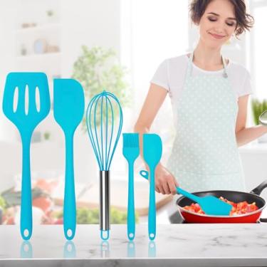 Imagem de Conjunto essencial de utensílios de cozinha – inclui pá de vazamento, espátula, espátula pequena, batedor e escova de silicone - vermelho-azul
