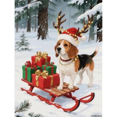 Imagem de UPABLUNSO Kits de pintura de diamante de cachorro beagle equitação trenó para adultos, diamante de Natal 5D gema diamante pintura artística para parentes e amigos, decoração de parede para casa