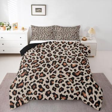 Imagem de jejeloiu Conjunto de cama de leopardo, macio, para meninos e meninas, tamanho Queen, com estampa de animal, edredom de microfibra, 3 peças com 2 fronhas