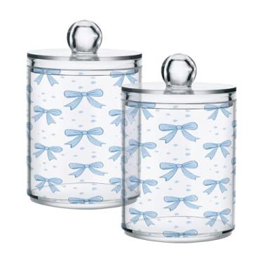 Imagem de Qilmy Blue Bows Suporte Qtip pacote com 2, frascos de boticário de 400 ml, vasilha organizadora de banheiro para cotonetes, bolas de algodão, almofadas de maquiagem, fio dental, sais de banho