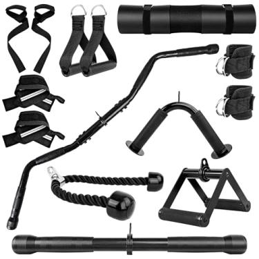 Imagem de FAYITING Conjunto de acessórios de máquina de cabo, barra suspensa LAT, acessórios de academia para mulheres e homens com barra em V, corda de tríceps, tiras de tornozelo, equipamentos de ginástica em