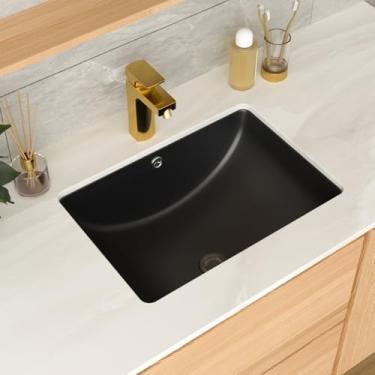 Imagem de GHOMEG Pia de banheiro embutida 50,8 x 35,5 cm Pia de vaso preta retangular moderna cerâmica retangular Vanity Art Basin com transbordamento