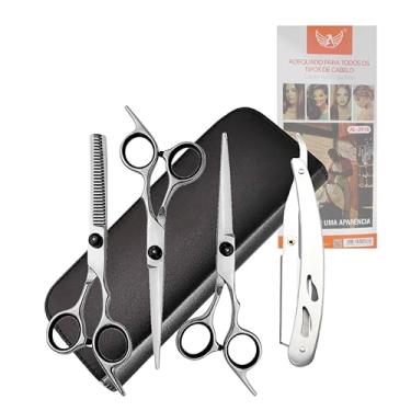 Imagem de Kit Tesouras Profissionais para Barbeiro, 6 Peças, Fio Laser, Prata, Inclui Navalha e Estojo, 6.0 Polegadas