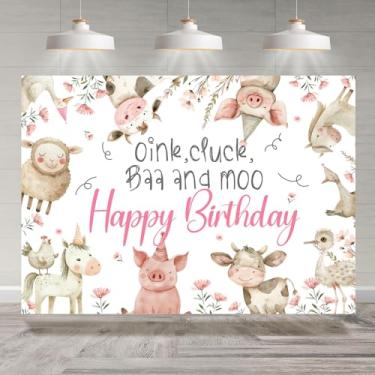 Imagem de Rsuuinu Cenário de feliz aniversário, animais de fazenda, vaca, porco, ganso, galinha, cavalo, fundo floral para fotografia, meninas, crianças, decorações de festa de aniversário, faixa para fotos