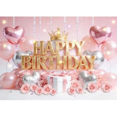 Imagem de DePhoto Pano de fundo rosa de 1,8 x 1,8 m de aniversário de princesa, brilhante, dourado, elegante, rosa, balões de fundo para decoração de aniversário de meninas, adereços de estúdio fotográfico de