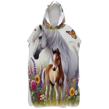 Imagem de Joisal Roupão para adultos poncho de surfe praia moletom toalha floral plus size cavalo flores silvestres borboleta homens mulheres poncho com capuz