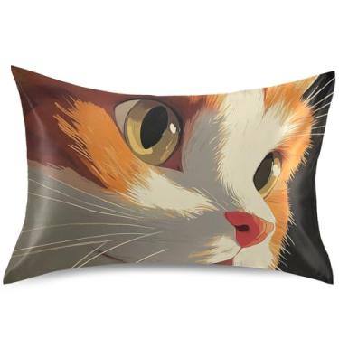 Imagem de Adorável capa de almofada de cetim com arte de rosto de gato laranja animal floral refrescante capa de travesseiro King Queen padrão para cama de casa, tamanho Queen, 76,2 cm x 50,8 cm