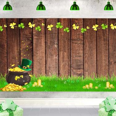 Imagem de Art_Angels Pano de fundo de 25,5 x 2,5 m de tecido para o dia de São Patrício para recém-nascidos, adereços para fotos de crianças, pote de moedas de ouro, parede de madeira, trevo irlandês da sorte