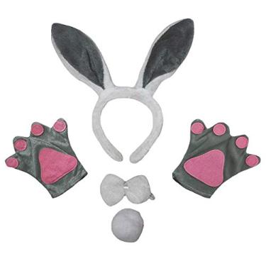 Imagem de Petitebella Luvas de cabeça de coelho com laço e cauda 4 peças fantasia 1-10 anos (branco/cinza, 5-10 anos)