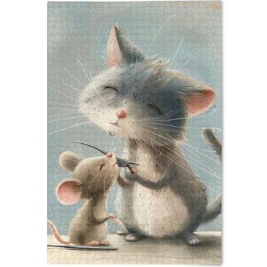 Imagem de Pintura de rato de gato cinza quebra-cabeças engraçados para adultos 500 peças quebra-cabeça jogo tecnológico presentes quebra-cabeça cena de outono personalizado animal arte colorida, 52 cm x 37,8 cm
