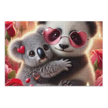 Imagem de Quebra-cabeça adulto 500 peças doce panda coala amor vibrações família elefante branco presentes diversão natureza quebra-cabeça animal arte impressão, 20,5 x 14,9 polegadas