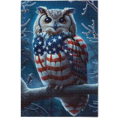 Imagem de Quebra-cabeça engraçado coruja bandeira americana 500 peças presentes adultos para amantes de quebra-cabeças, quebra-cabeças exclusivos personalizados para adultos, família, brinquedo, arte, 52 x 37,8