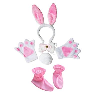 Imagem de Petitebella Tiara de coelho com orelhas de borboleta, luvas de cauda, 5 peças, fantasia 1-5 anos (branco/rosa, tamanho único)