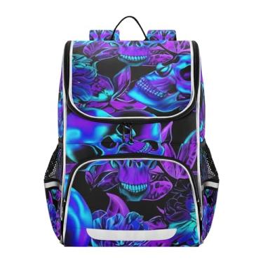 Imagem de Joisal Neon Blue Purple Skulls Flowers Kids Backpack Girls Daypack Back to School Bag Personalized Print Book Bag Elementary School Backpack for Boys