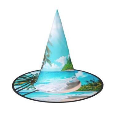 Imagem de XLLingL Chapéu de bruxa de Halloween com estampa de tema de praia tropical oceano, chapéu de feiticeiro, adequado para festas de RPG e festas à fantasia - 1 peça
