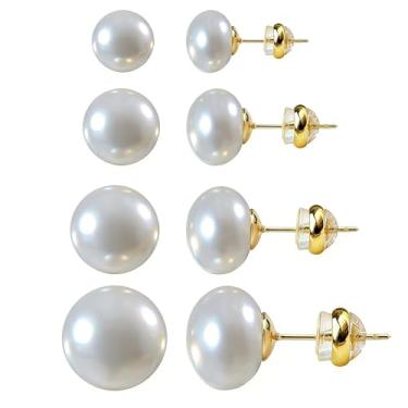 Imagem de 4 pares de brincos de pérola grande, pino de prata banhado a ouro 14K, brincos de pérolas grandes simulados hipoalergênicos, 8 mm/10 mm/12 mm/14 mm para mulheres