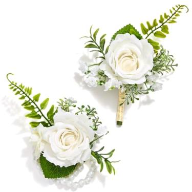 Imagem de Serwalin Conjunto de corpete branco e flor na lapela, conjunto de pulseira e flor na lapela de seda artificial para formatura, baile, casamento, festa de aniversário de formatura, acessórios de flores