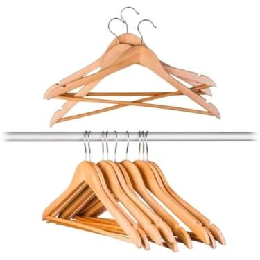 Imagem de OakStyle™ Kit 3 Cabide de Madeira Premium Marfim Envernizado Barra deslizante - Resistente, Elegante e Ideal para Roupas Pesadas