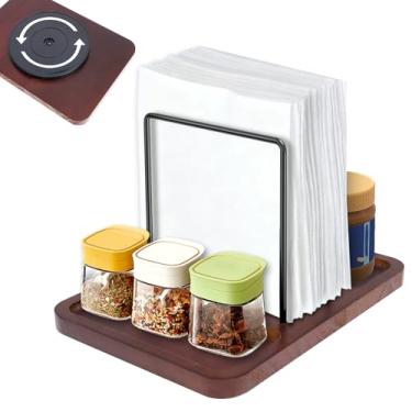 Imagem de Suporte de guardanapo giratório de 360°, armazenamento de guardanapos de papel rústico com base giratória espaçosa, comporta garrafas de condimento simultaneamente suporte de guardanapo decorativo