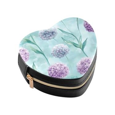 Imagem de Burbuja Mini caixa de joias em forma de coração com flores azul-petróleo roxas para mulheres e meninas, estojo portátil organizador de armazenamento para brincos, anéis, colares e pulseiras