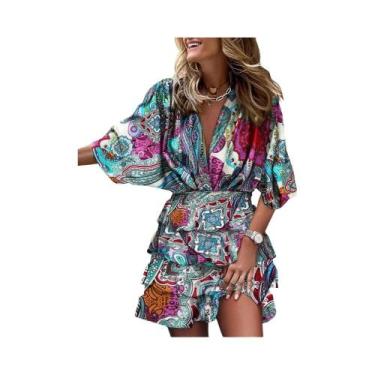 Imagem de Vestido Feminino Com Decote Em V, Manga Morcego, Cintura Elástica, Est